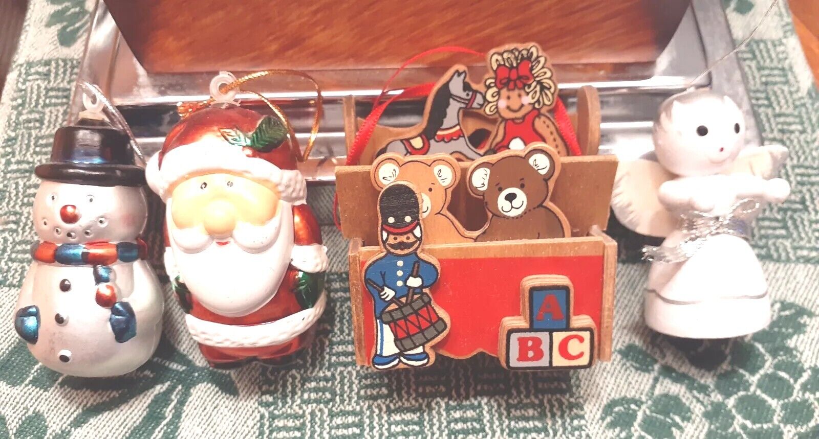 4 Christmas Hanging Ornaments Santa Angel Snowman Toy Box Preowned *Read