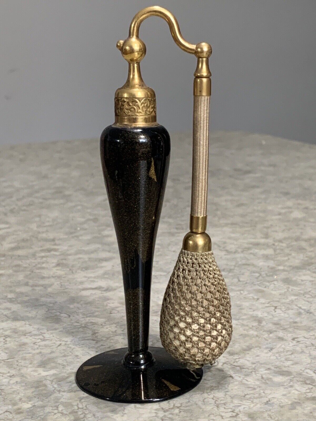 Art Deco Glass DeVilbiss Style Perfume Atomizer Black Gold Steuben Aurene?