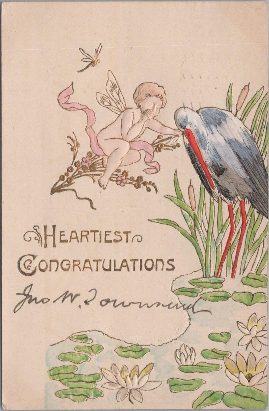 Postcard Heartiest Congratulations New Baby + Stork 