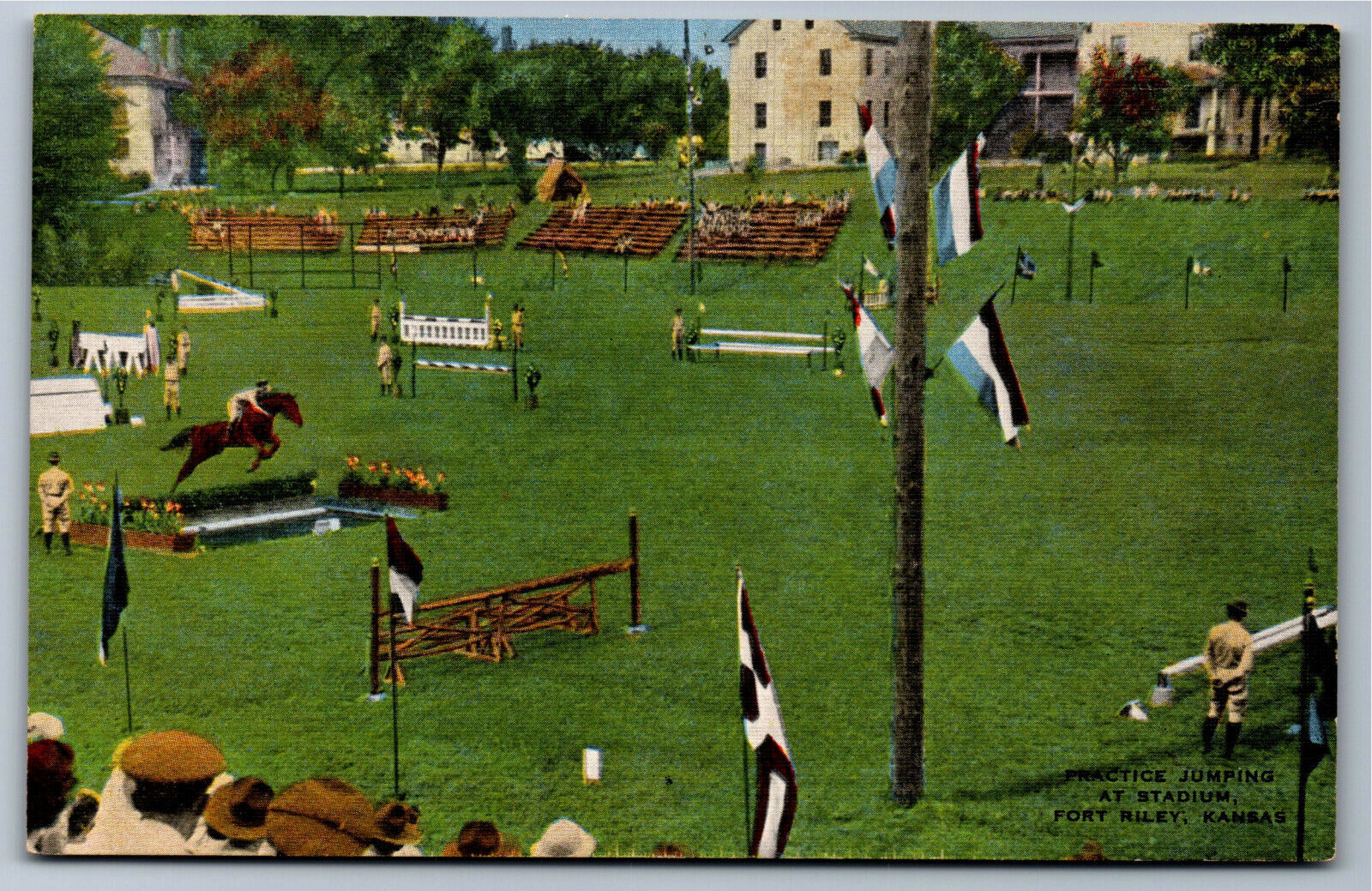 Postcard KS Practice Horse Equine Jumping at Stadium Fort Riley Kansas R12