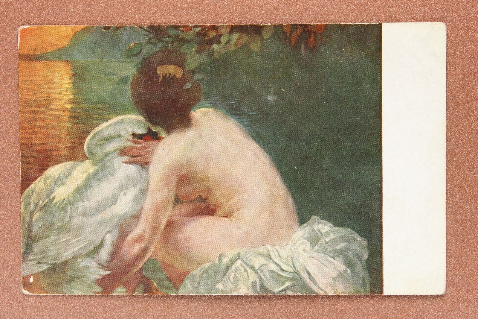Beautiful Leda nude by lake. Swan LOVE. Tsarist Russia postcard 1909s by BEZNAR
