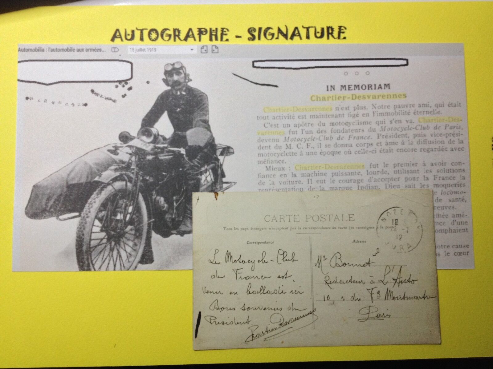 cpa RARE Signed CHARTIER DESVARENNES President of the MCF MOTO to Mr BONNET Editor