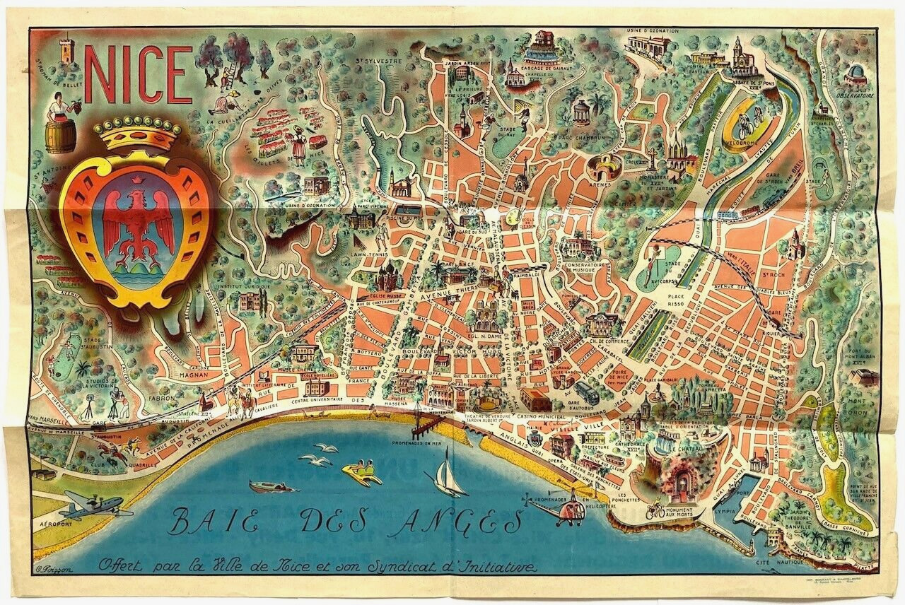 Original Vintage Poster Map O. POISSON - NICE - FRANCE - FRENCH RIVIERA - 1959