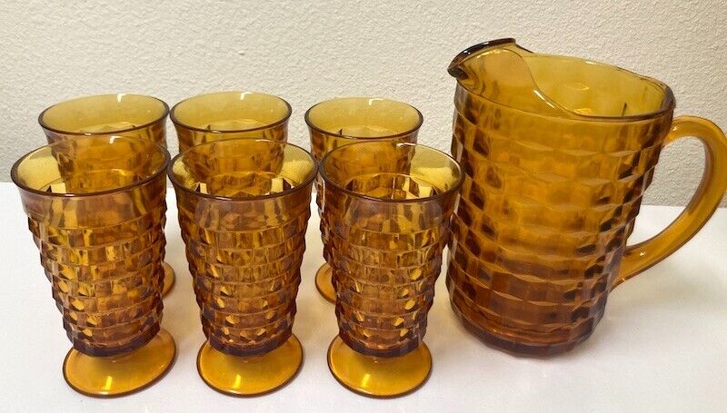 Vtg Indiana Whitehall Amber Gold Colony Water Pitcher and Tumblers Iced Tea 7 PC