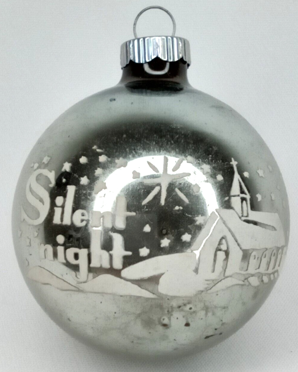 Christmas Ornament Shiny Brite Stenciled Silent Night Silver & White Glass