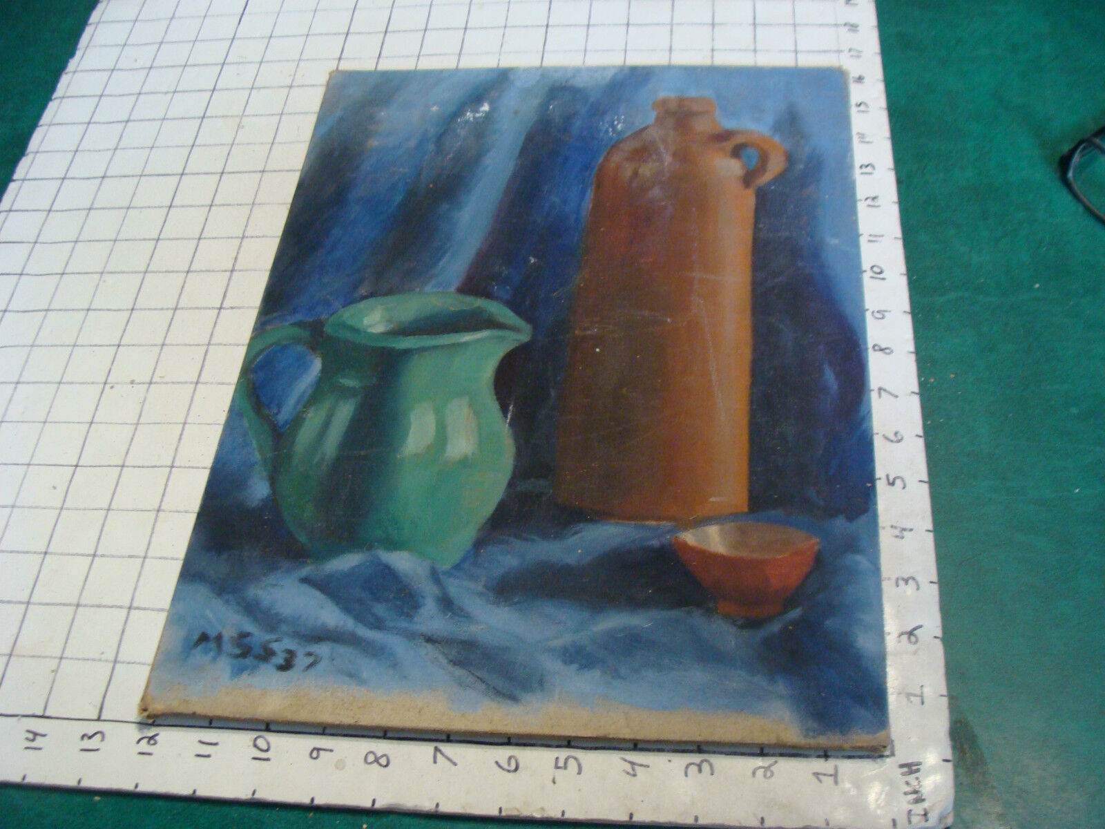 Vintage  PAINTING on board: 1937 still life, bottle, cup, etc