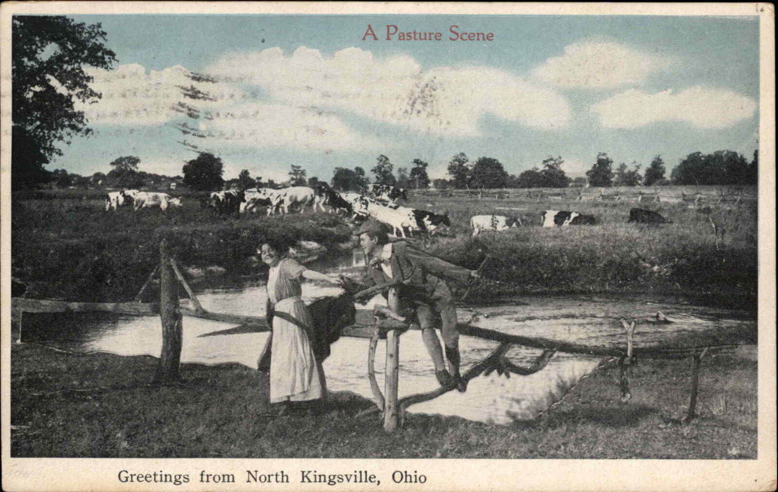 North Kingsville Ohio OH Pretty Woman Flirts Farm Greeting c1900s-10s Postcard