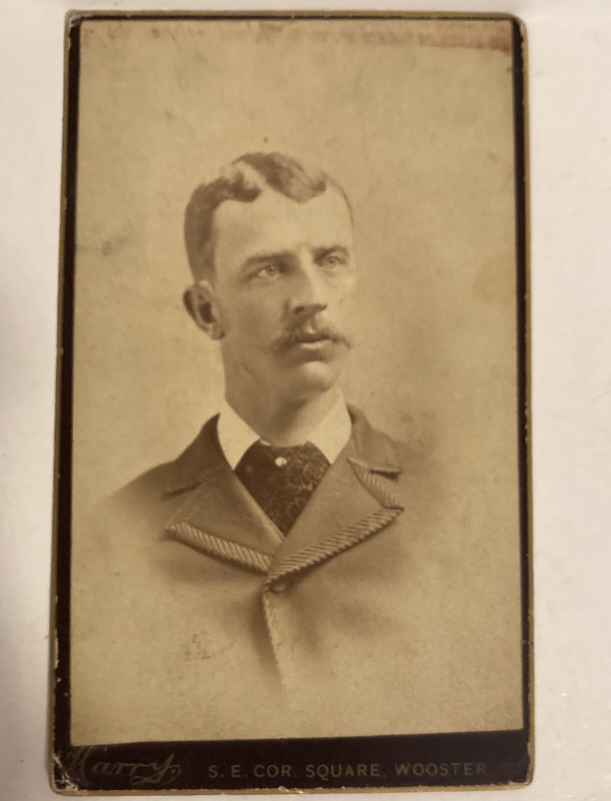 Antique Cabinet Card Sepia Photograph Handsome Man Mustache Harry’s Wooster, O
