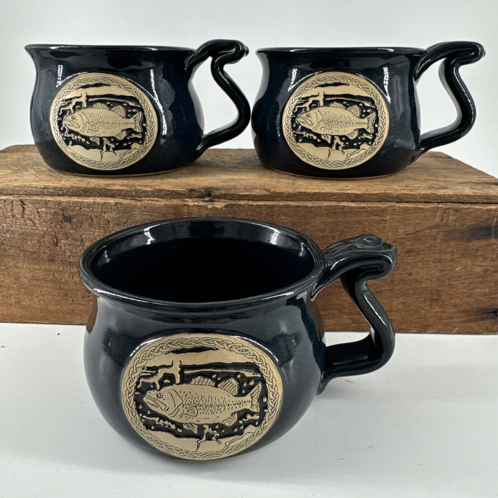 Coffee Mugs Art Pottery 3 Total Clayton Pottery Colorado Trout Fishing Blue