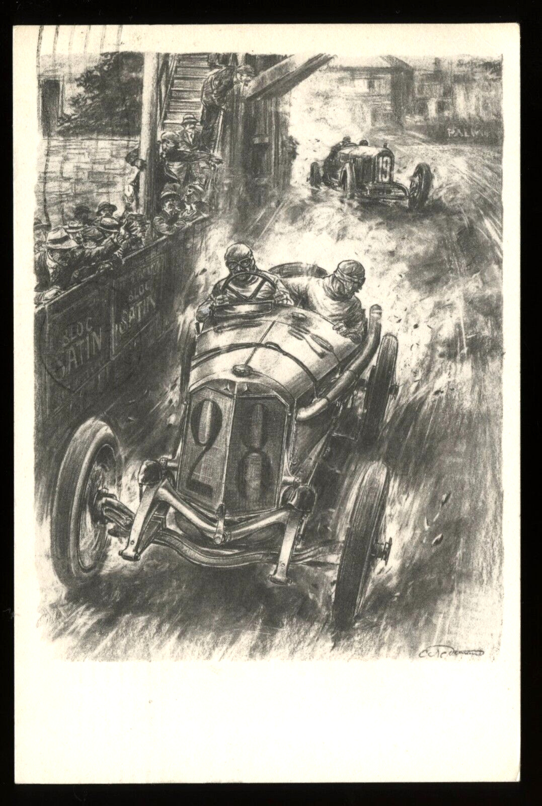1914 French Grand Prix Carlo Demand Auto Racing Art Postcard