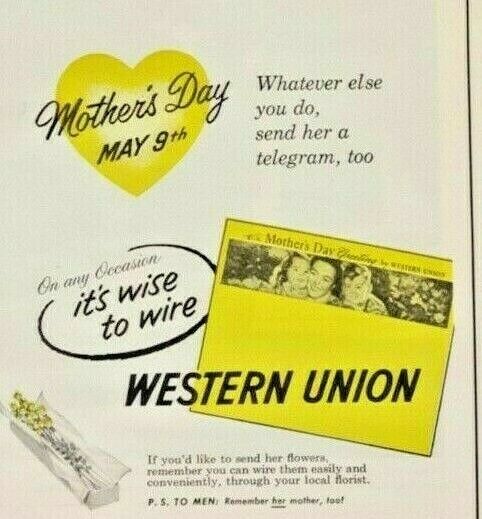 Vintage 1954 Western Union Telegrams Print Ad Mother\'s Day Life Magazine Ad 