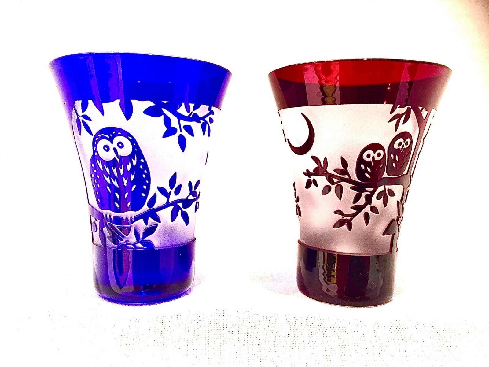 Japanese Edo Kikiro crystal etched sake cups - RARE depicting OWLS (No Hardship)