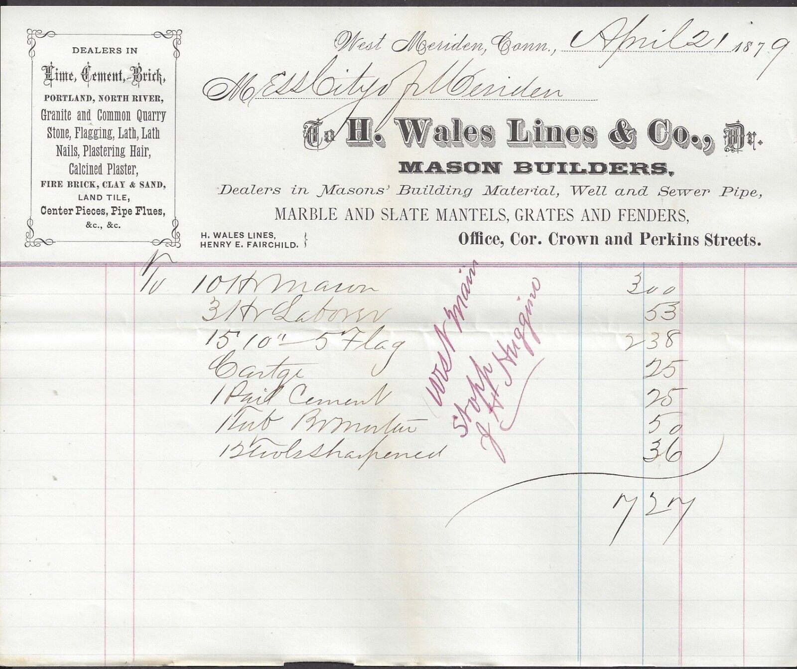 WEST MERIDEN, CT ~ H. WALES LINES, Mason Builders\' Suppliers, Two 1879 Billheads