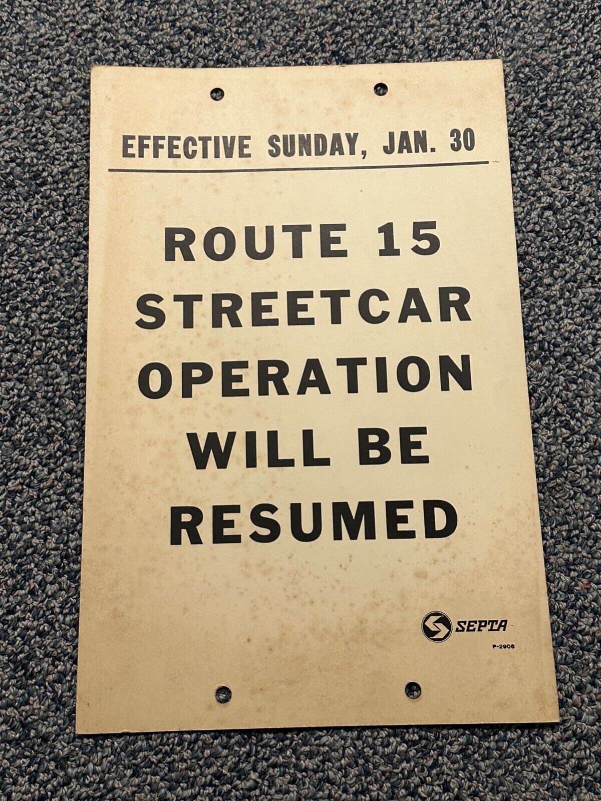 SEPTA Streetcar Route 15 Resumption Announcement Poster 17x11 VTG 1966