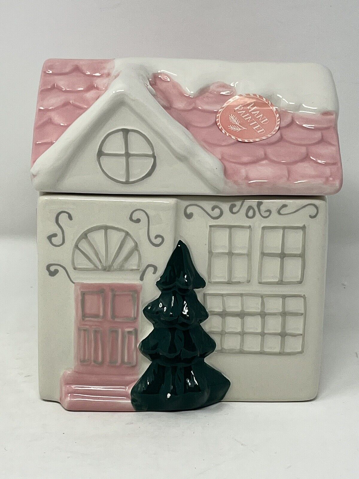 Christmas pastel Pink & White House Canister Cookie Jar Candy holiday new HTF
