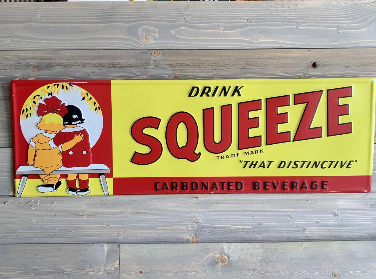 Antique Vintage Old Style Squeeze Soda Beverage Steel Sign