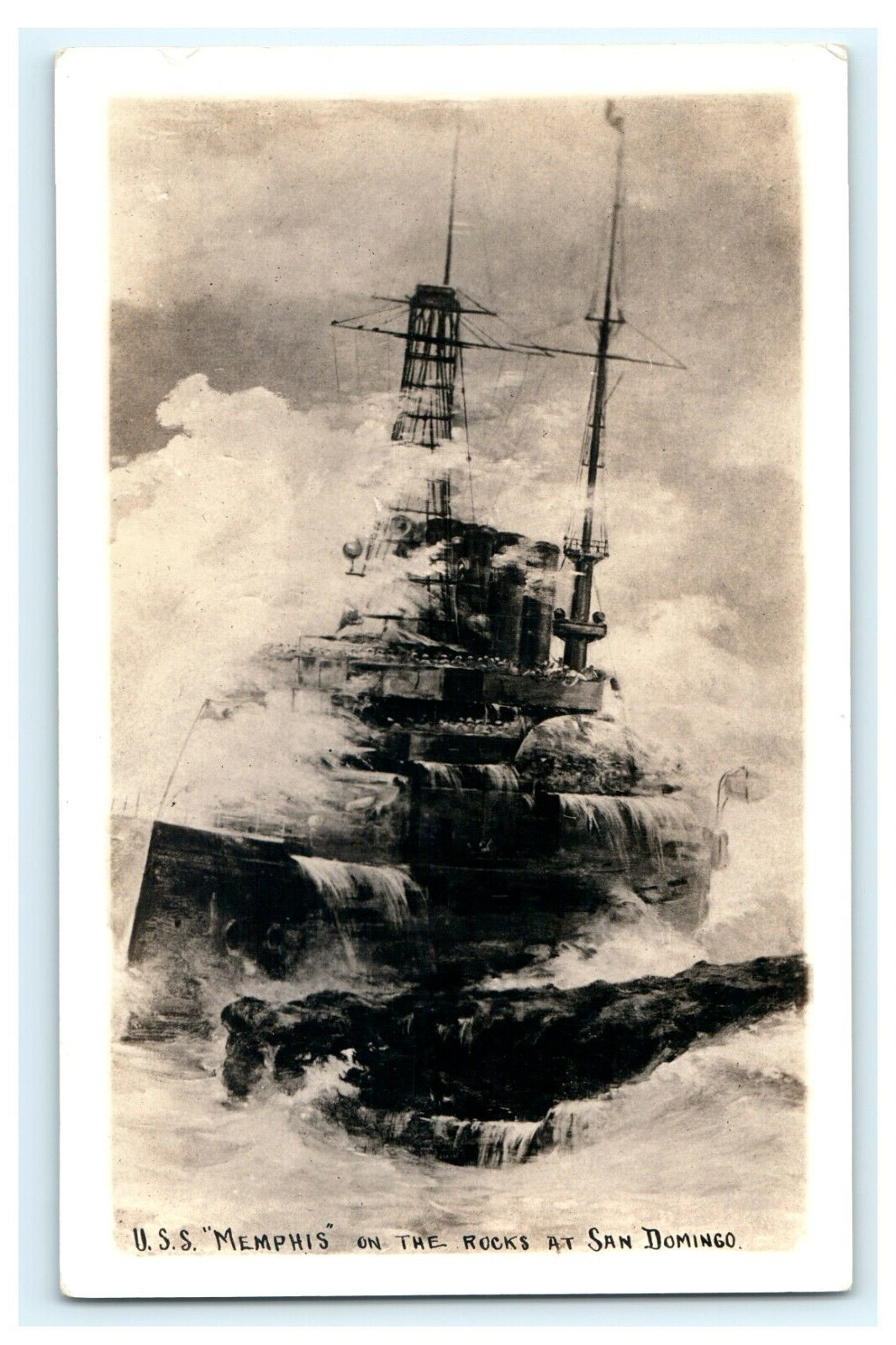 1918-1930 Battle Ship U.S.S. Memphis On the Rocks at San Domingo RPPC Postcard