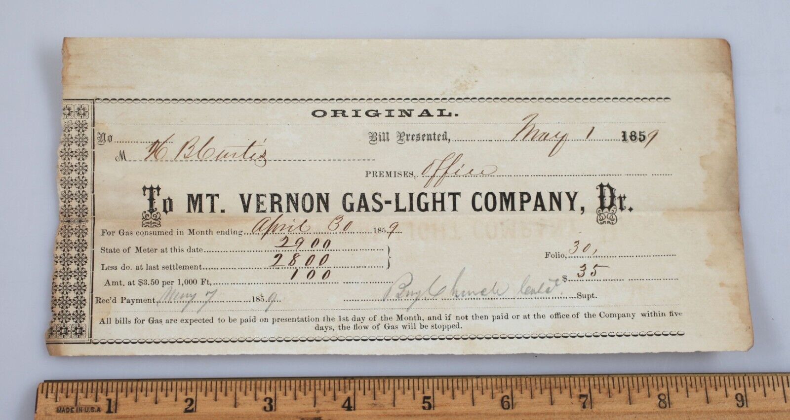 Vintage 1857 Mt. Vernon Ohio Gas-Light Company Receipt