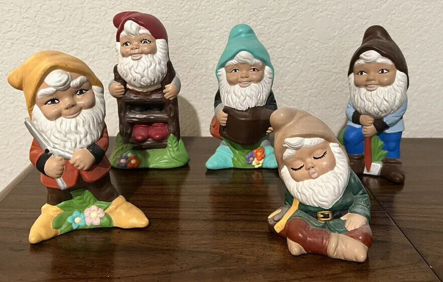 Vintage Set Of Gnomes Hand painted Ceramic signed by 1976 JL set of 5