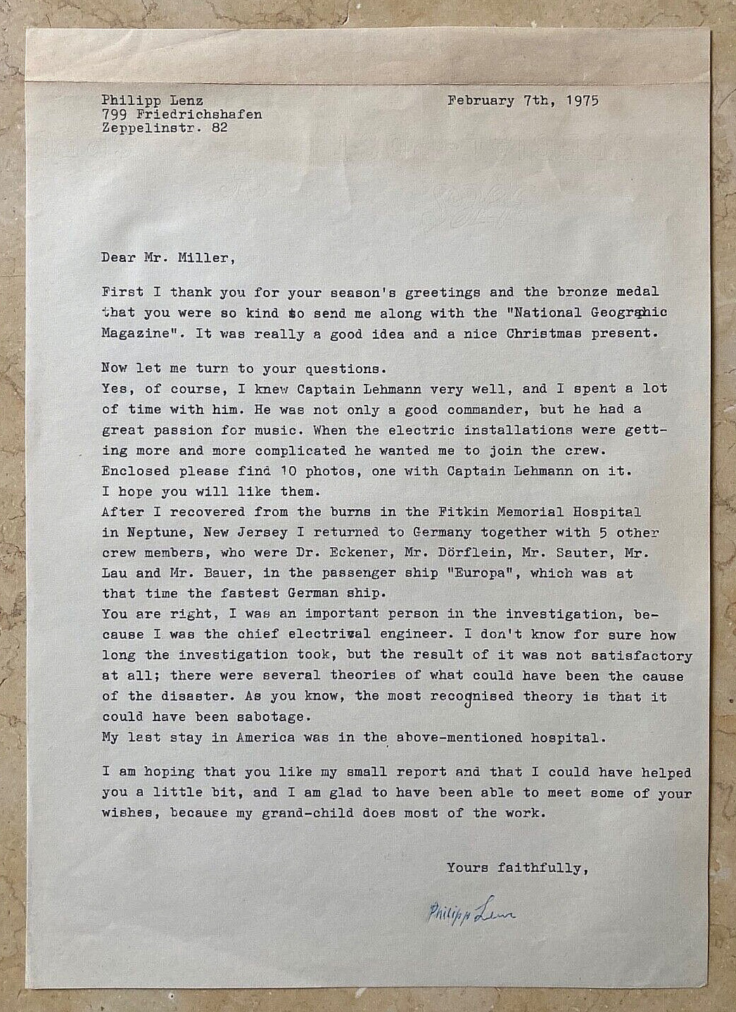 RARE HINDENBURG DISASTER CHF. ELECTRICIAN PHILIPP LENZ AUTOGRAPHED TYPED LETTER
