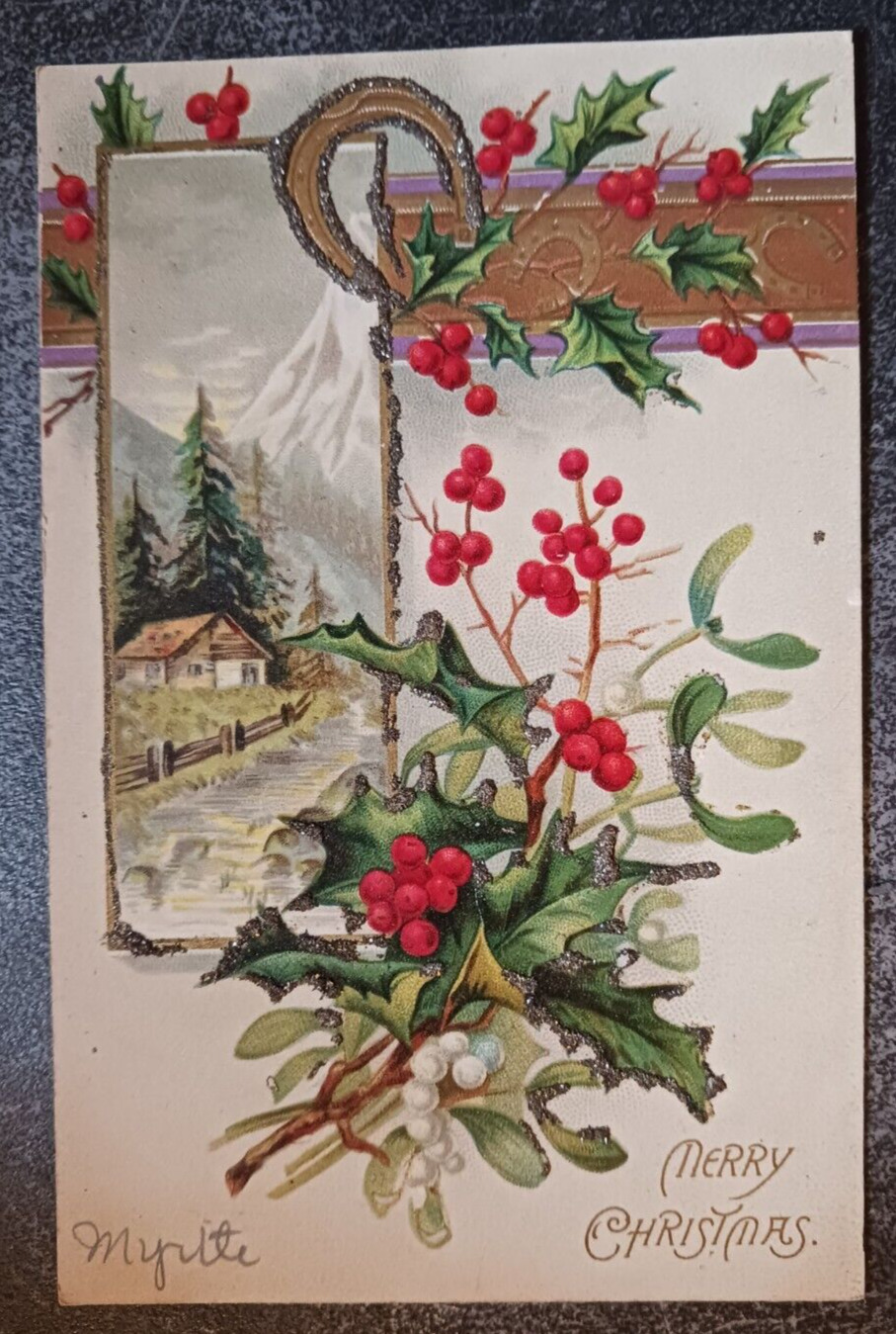 1910s vtg postcard Merry Christmas glitter holly horseshoe  posted