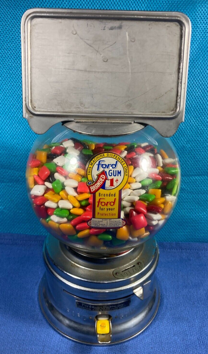 Vintage Ford Gum One Cent Penny Gumball Machine Glass Globe W/ Marquee Topper