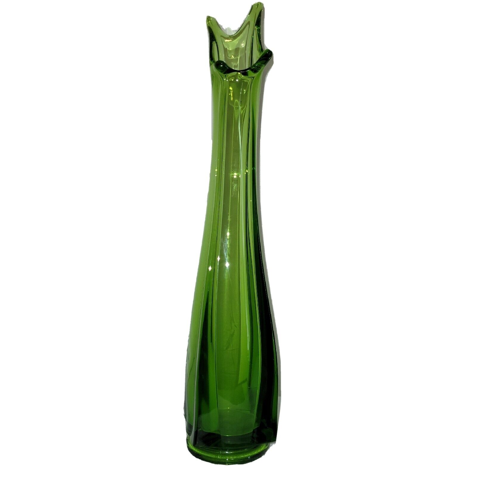 LE Smith Green Four Finger Swung Glass Glass Vase Vintage 14 inch