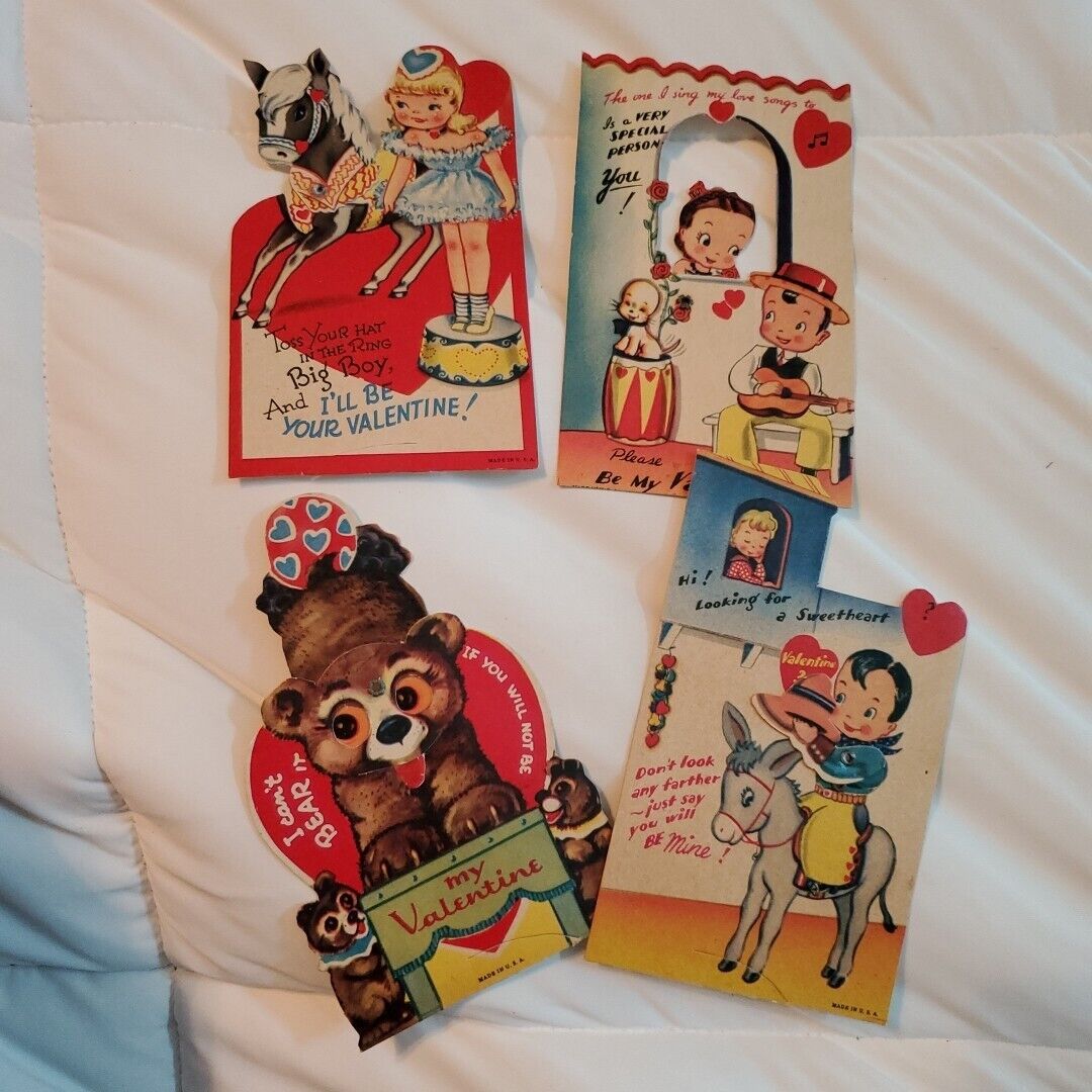 Vintage Mechanical Valentine\'s Day Cards Lot of 4. 3 Circus Theme 1 Cowboy 
