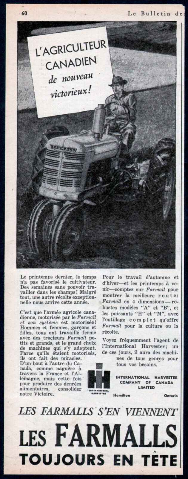1945 French Canadian International print ad Farmall Tractor