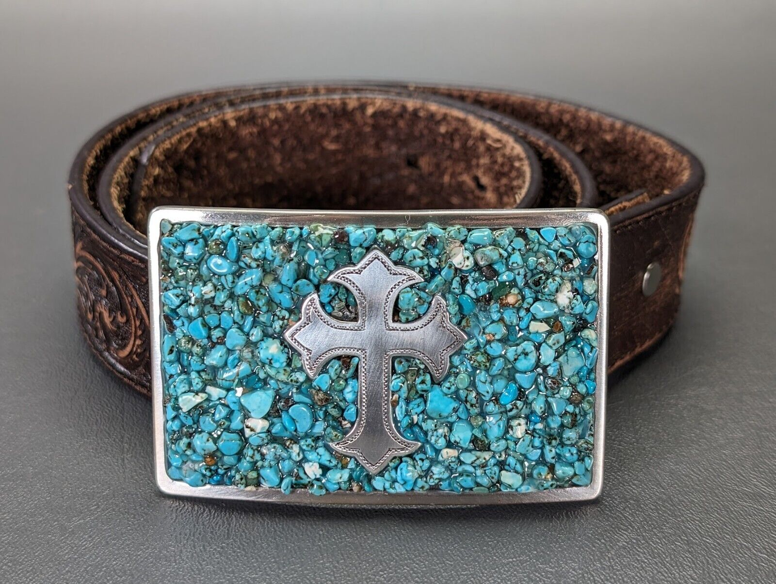Nocona Turquoise Christian Cross Western Buckle With Leather Belt Size M