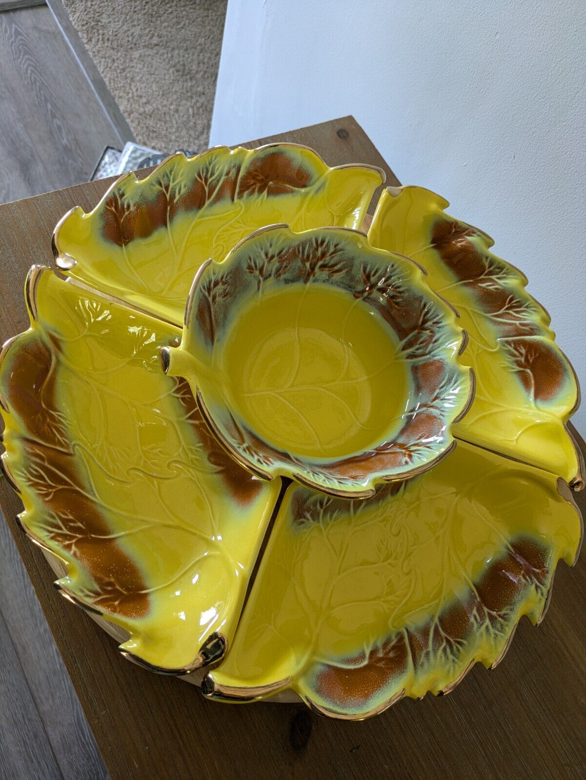 Vintage MCM Lazy Susan Yellow Leaf Snack Tray Serving Dish