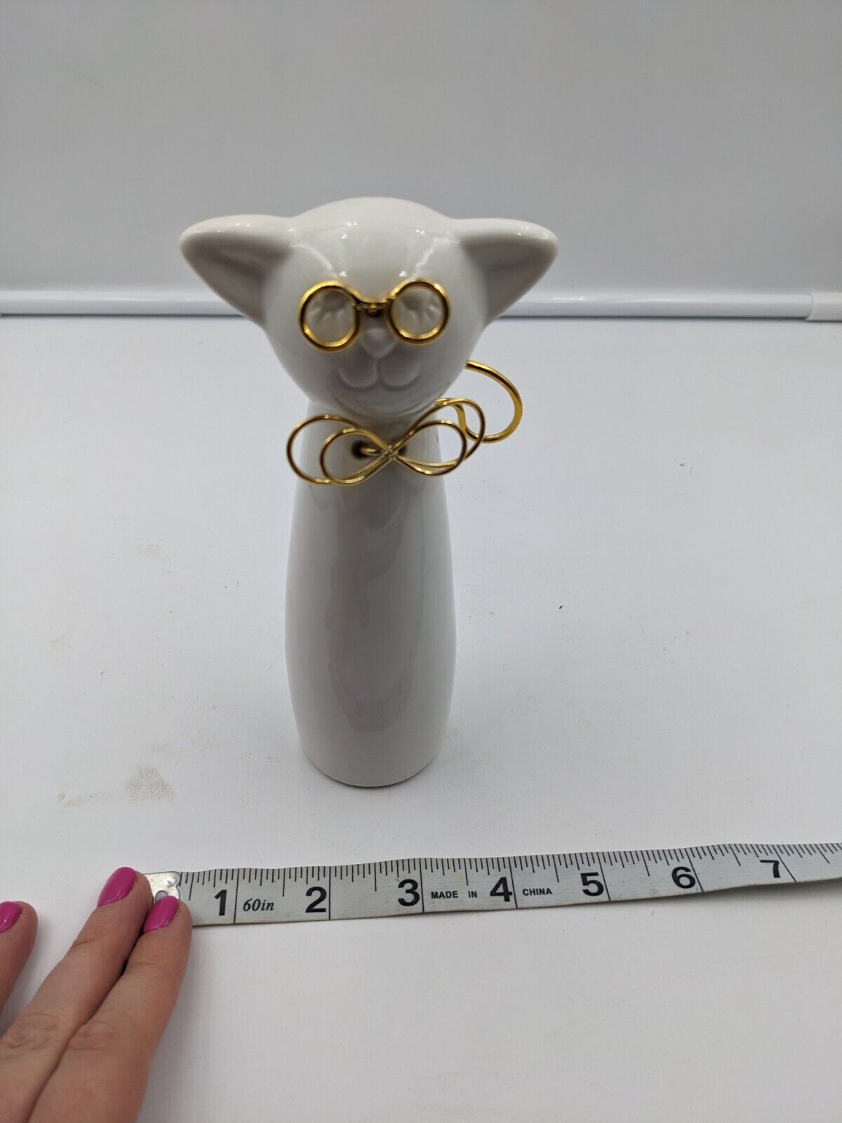 White Ceramic Kitty Cat With Golden Wired Glasses Bow and Tail Decor Gift