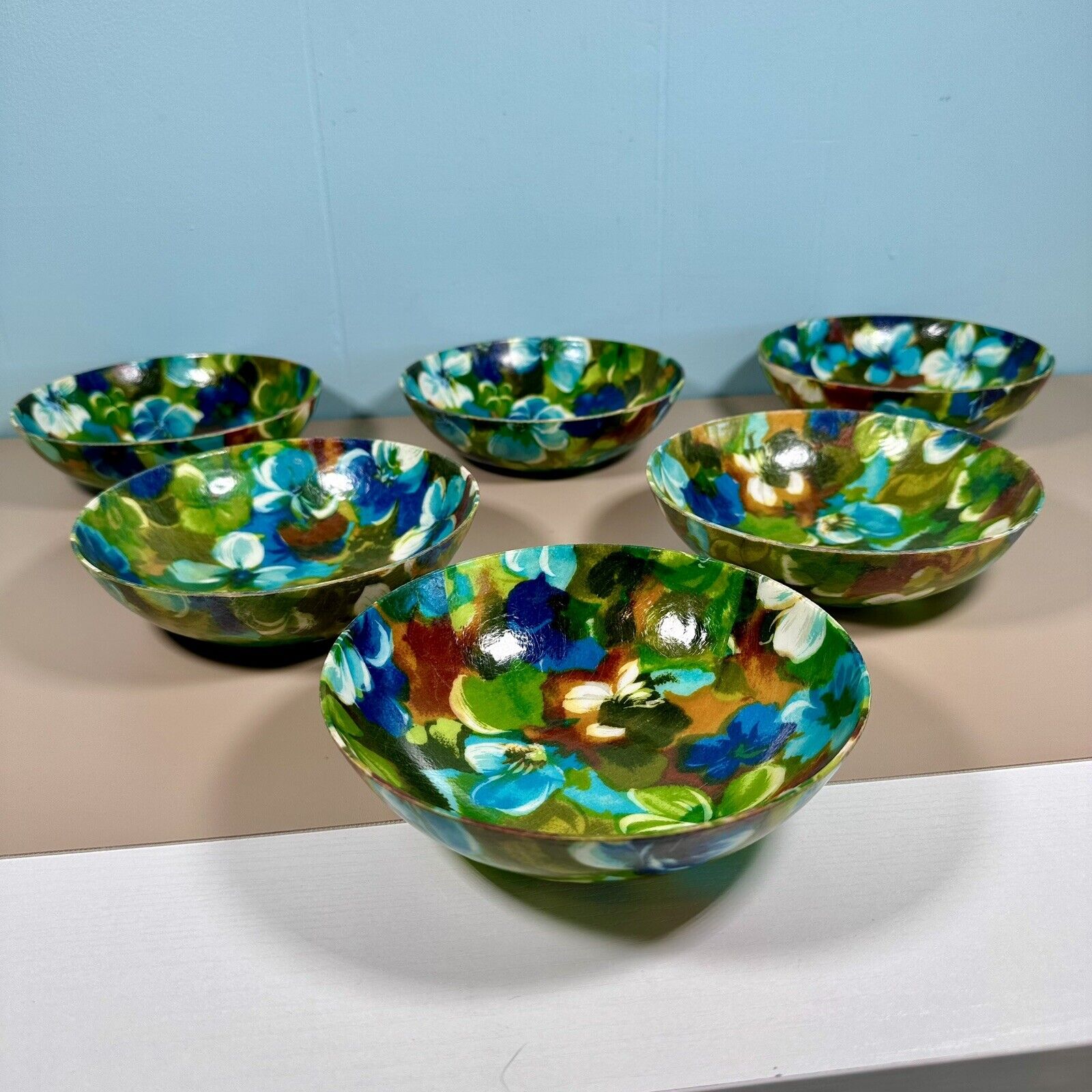 Set of 6 Vintage MCM Fiberglass 1960's 6.5”D Bowls Blue Green Purple Floral