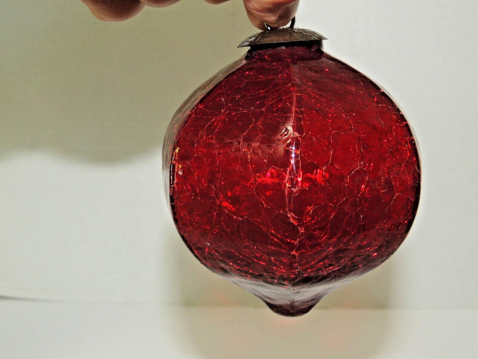 Vintage Midwest Kugel Ruby Red Crackle Glass Ornament Lantern Shape 7-Sided