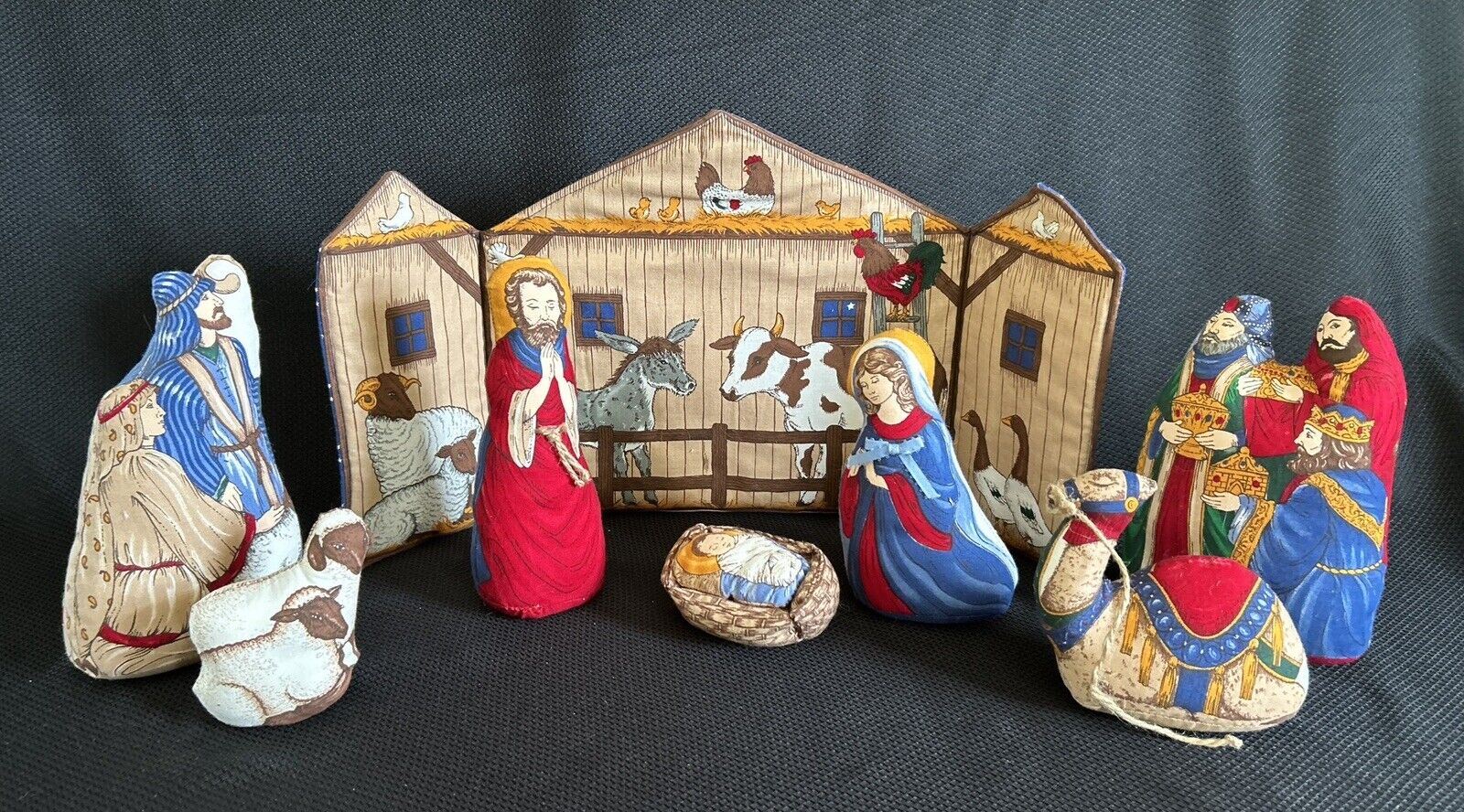 Vintage Handmade Fabric Nativity Manger Scene Display 9 Pieces Stuffed