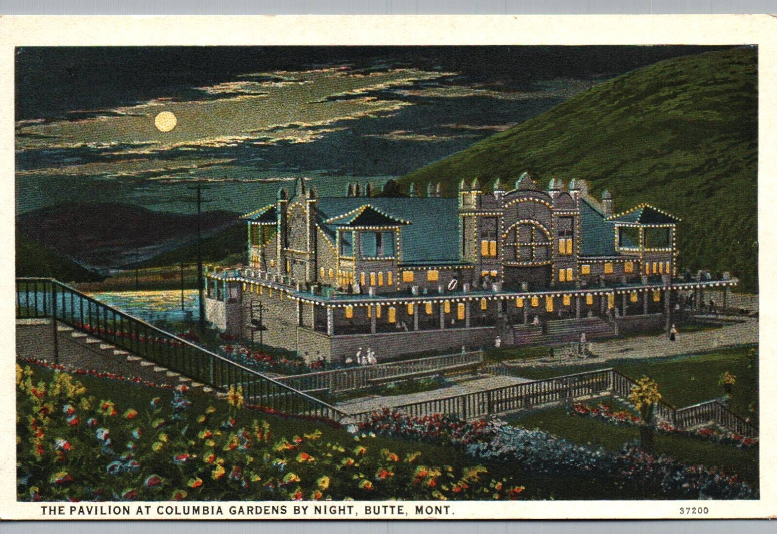 Butte Montana Postcard The Pavilion at Columbia Gardens at Night Moon MT Mont