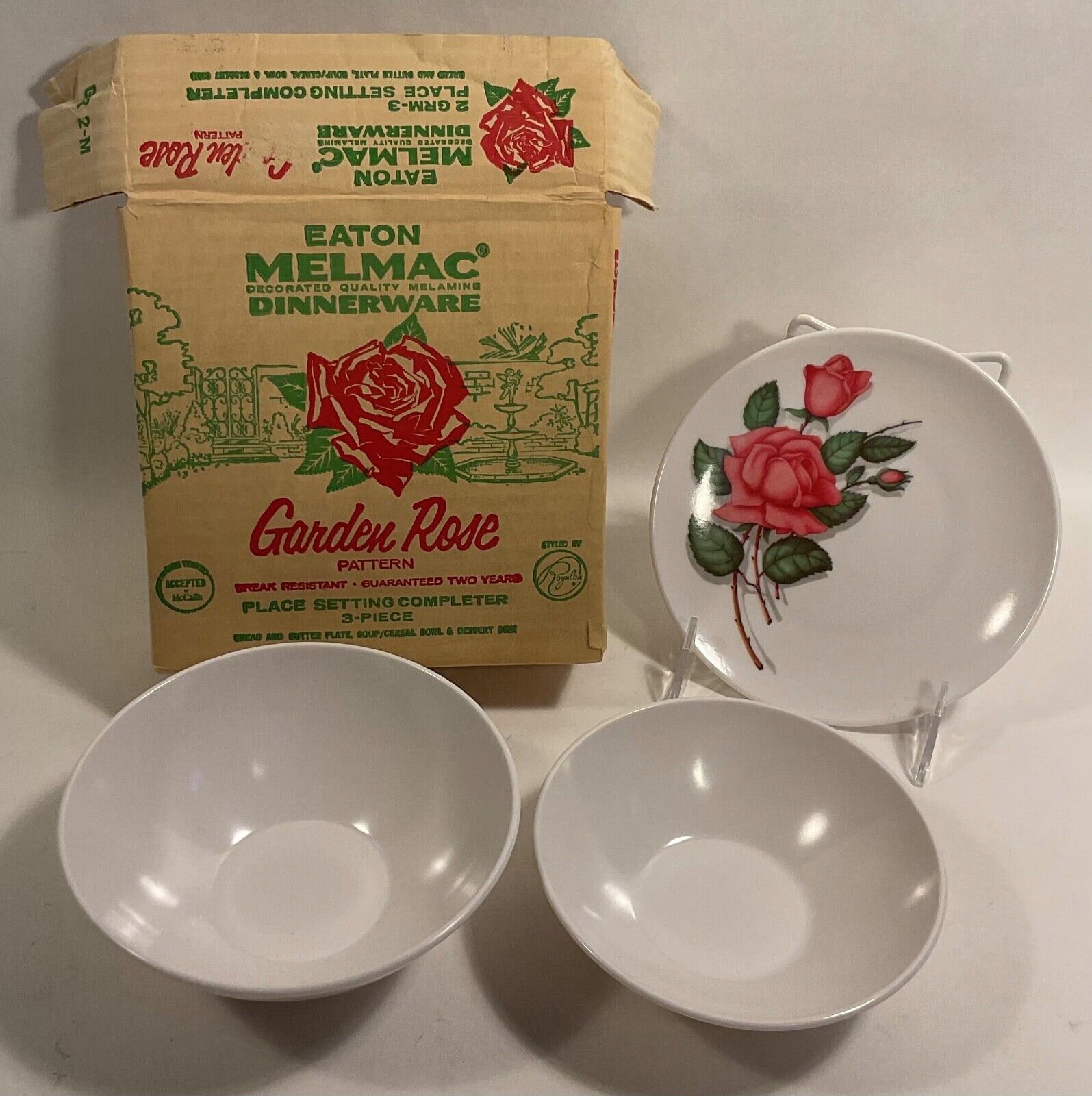 Vintage 1950s Royalon Melmac 3-Pc. Garden Rose Pattern Place Setting NEW IN BOX