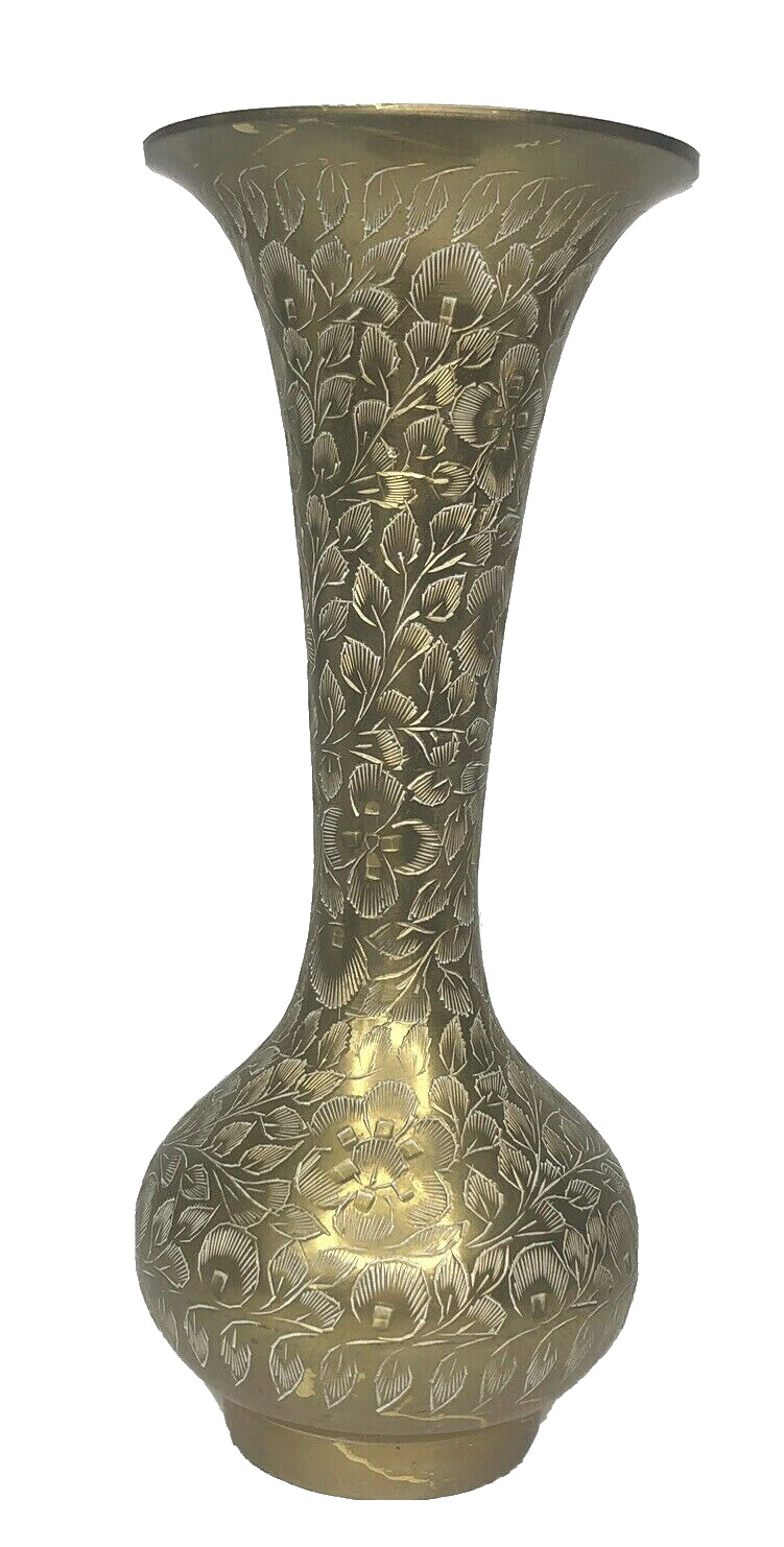 Vintage Solid Brass Vase Etched Floral Leaf Design 8\