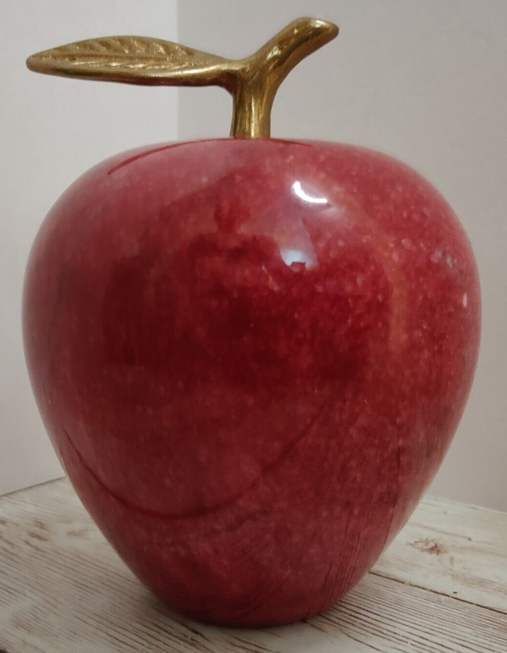 Vintage ~ Red Polished Marble Stone Apple / Brass Leaf ~ Paperweight