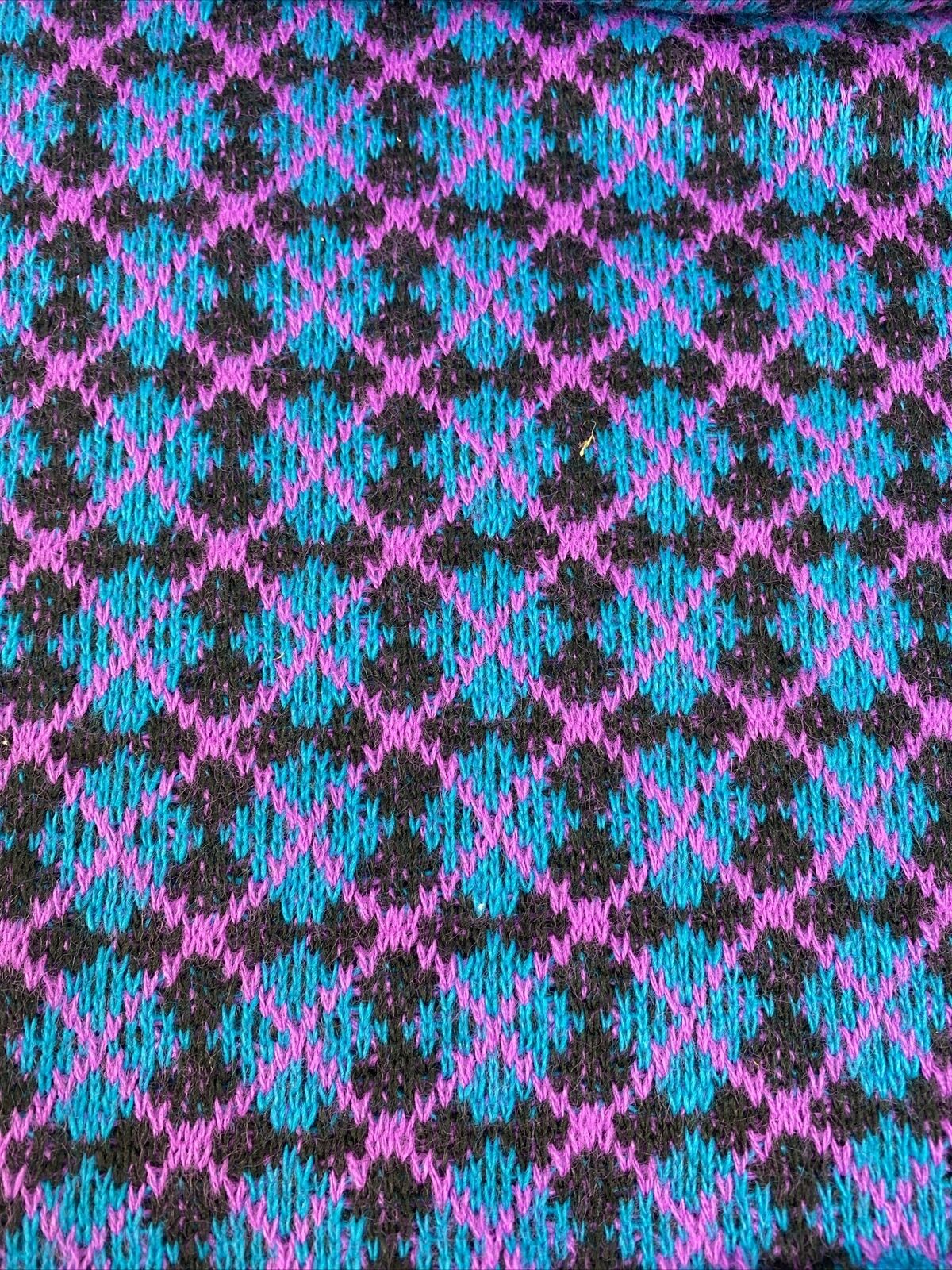 Vintage Sweater Knit Fabric 1960-70 Argyle Black, Teal, Purple 1+ yd x 54” W