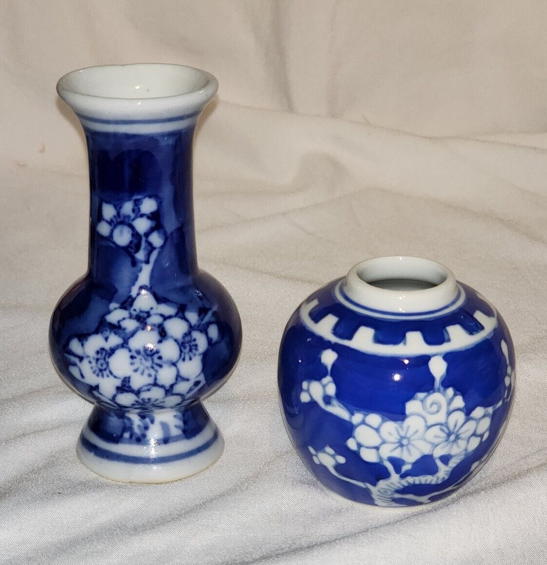 Pair Of Mid 20th Century Chinese Hand Painted Petite Blue & White Bud Vases