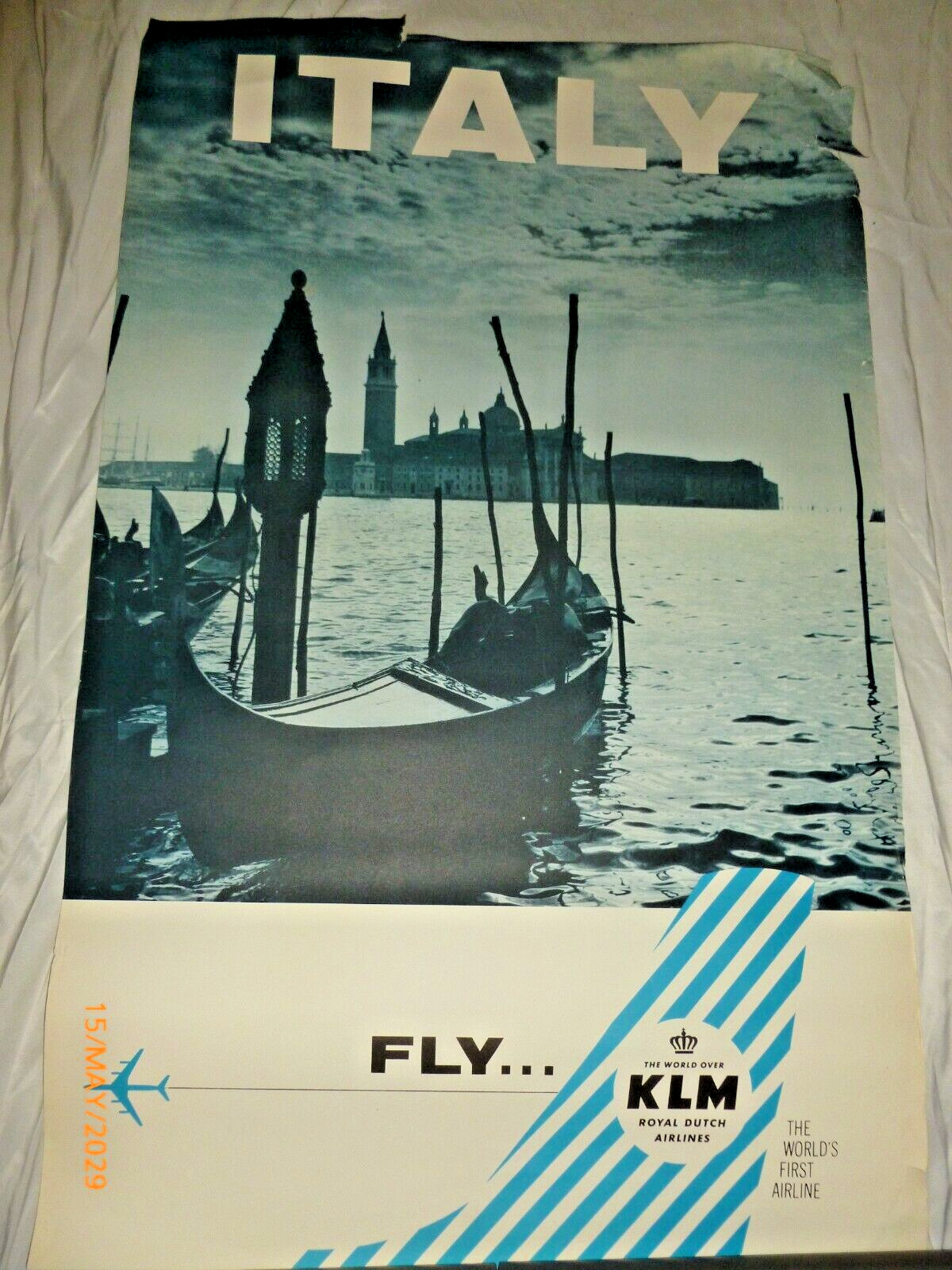 Vintage Original KLM Royal Dutch Airlines Italy Poster 25x40” Rare ca 1960