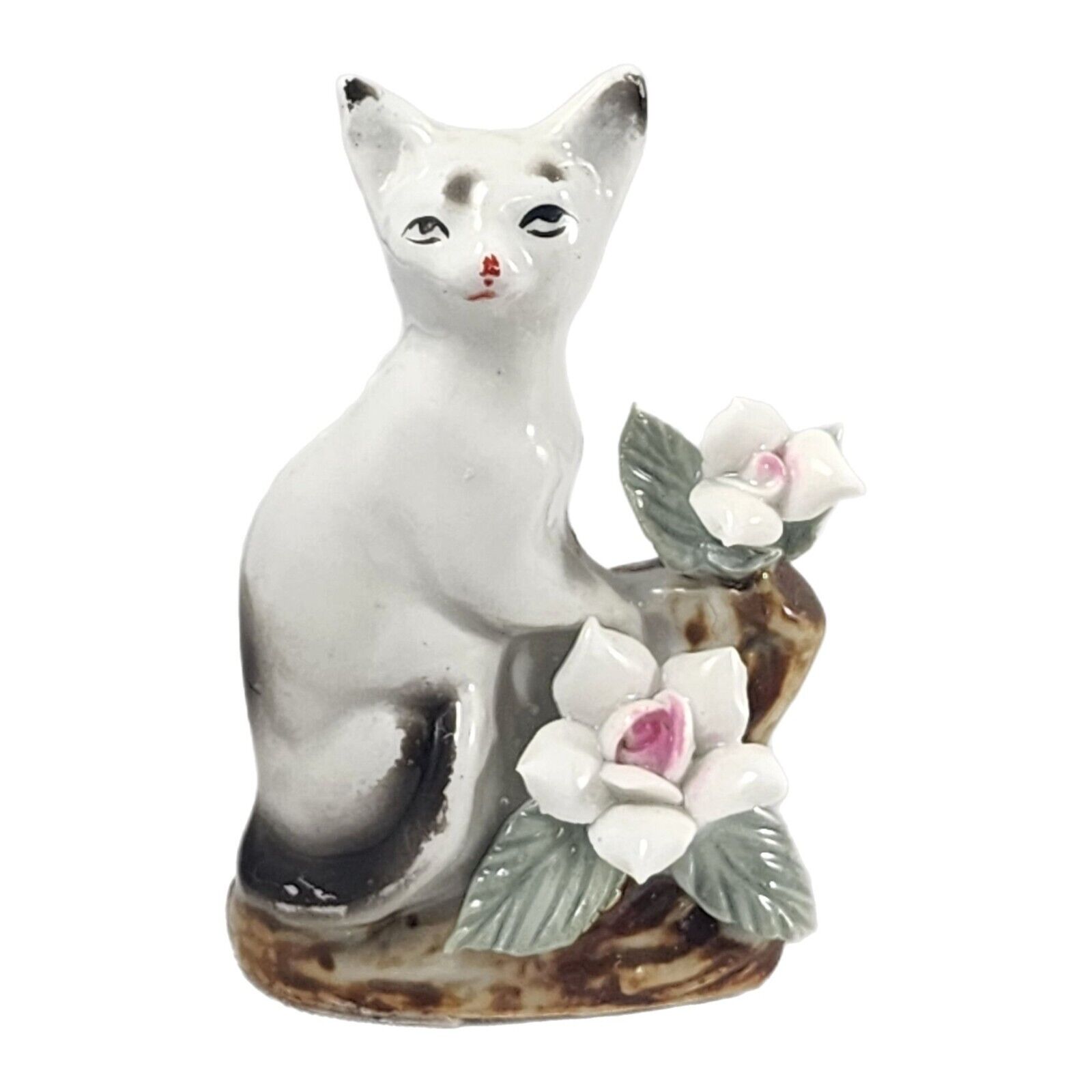 Vintage Cat Figurine Siamese White Black Miniature Ceramic Porcelain Mini Kitty