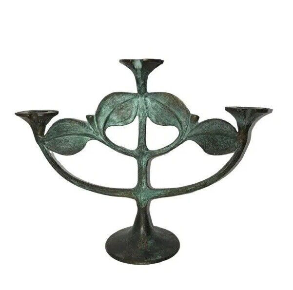 VTG Bronze Candelabra 3 Candle Holder Flower Cups Leaf Stand Art Nouveau Deco