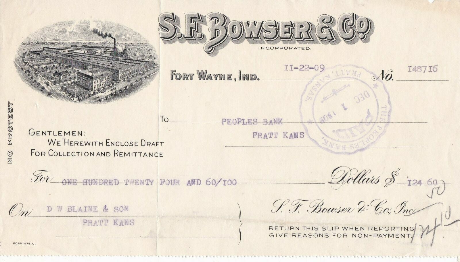 U.S. S.F. Bowser & Co. Fort Wayne, Ind. 1909 Illustrated Paid Invoice Ref 43600