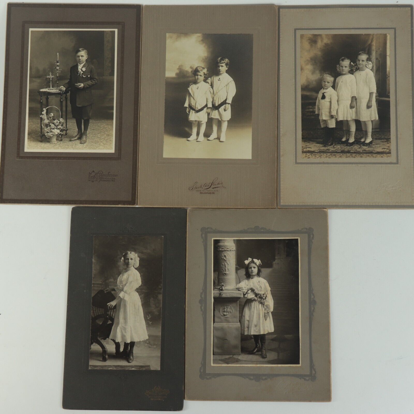 Lot of 5 Antique Portrait Cabinet Photographs Children & Communion Milwaukee, WI