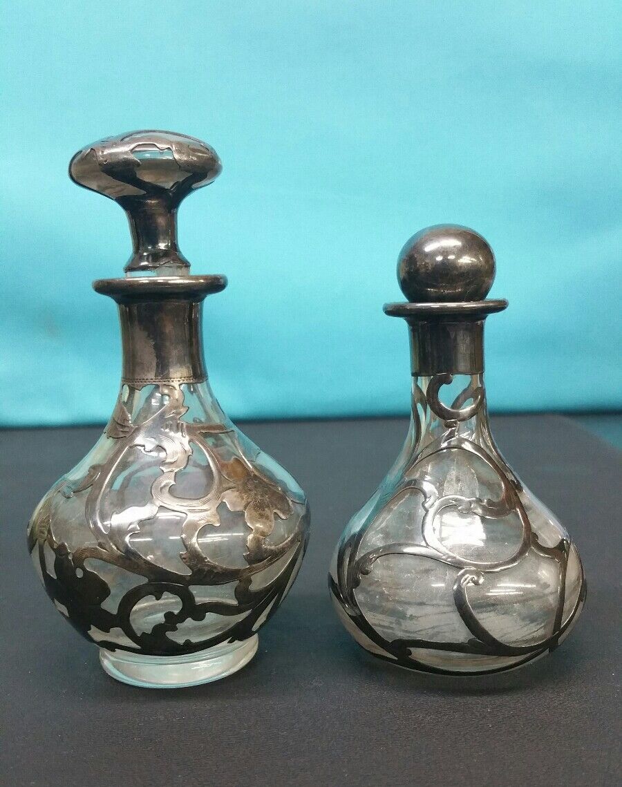 Two Antique Sterling Silver Overlay Perfume Bottles, Pure Silver 999