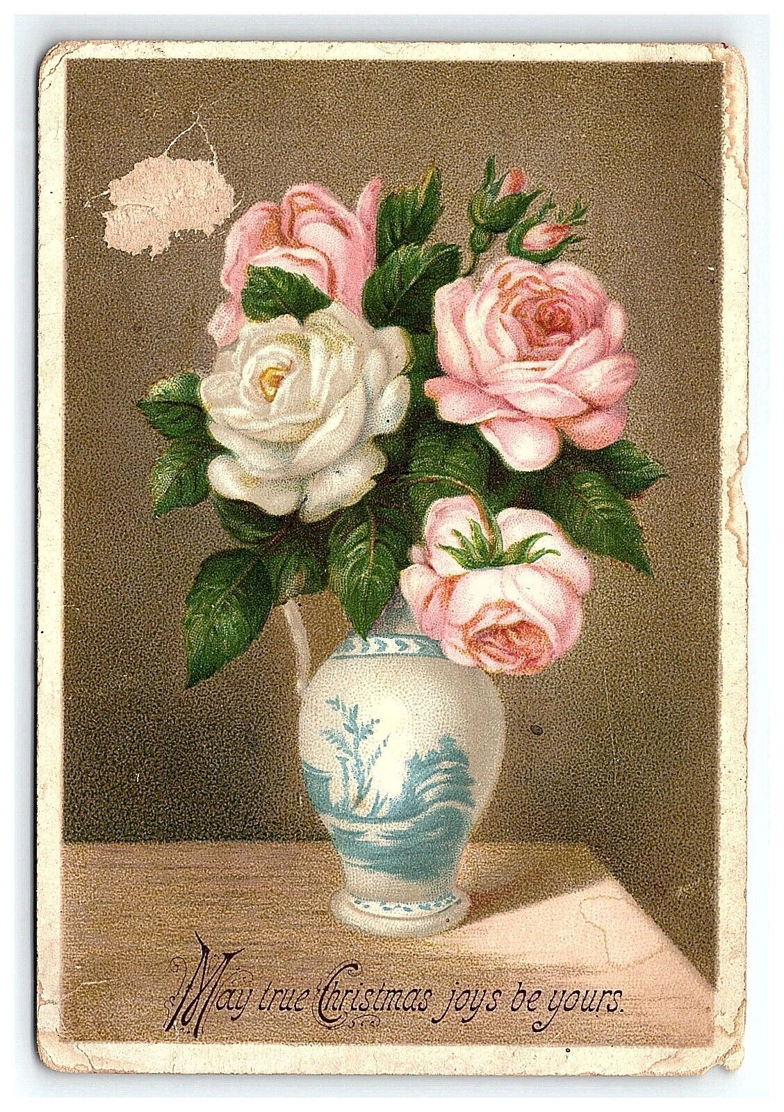 1883 May True Christmas Joys Be Yours Card Victorian Vase Pink White Roses