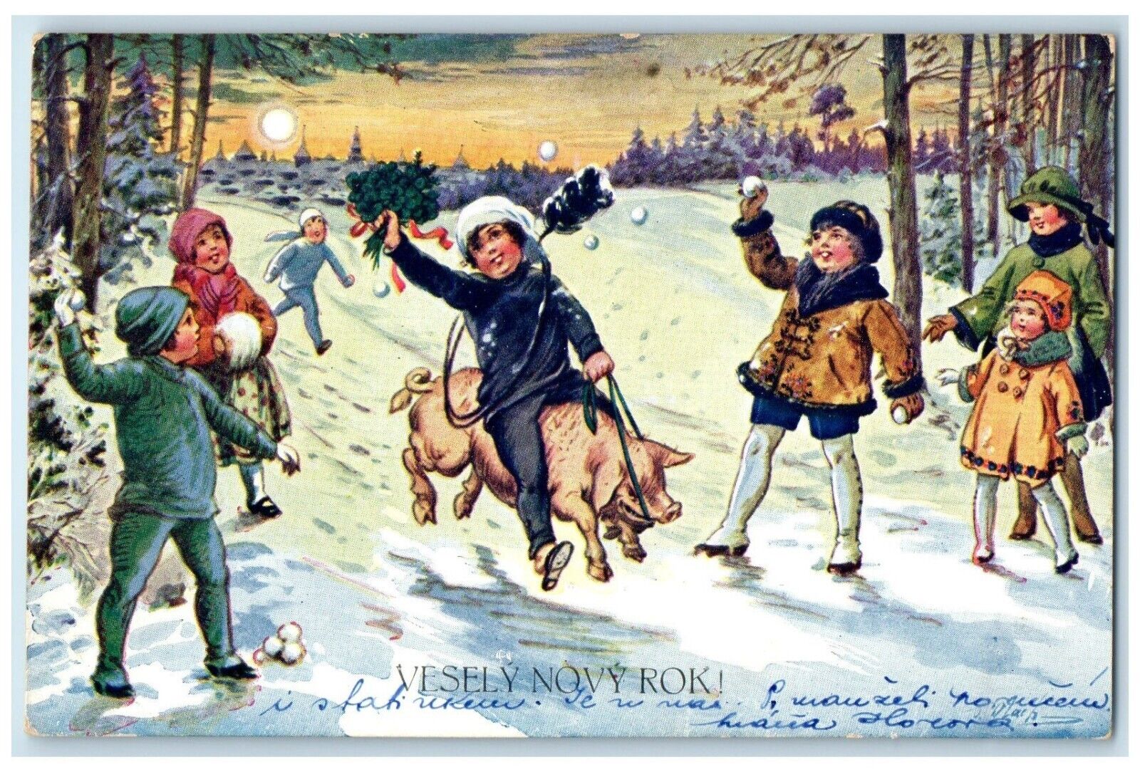 1928 Children Snowball Fighting Playing Winter Scene Posted Antique Postcard