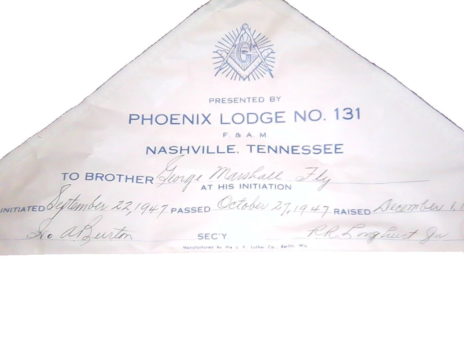 Vintage Freemason Masonic Initiation Lambskin Apron Nashville Tennessee 